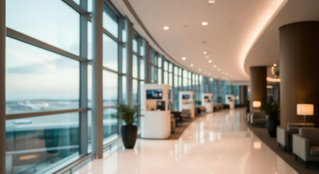 Modern airport lounge corridor featuring large windows overlooking a blurred airfield, elegant seating areas, and contemporary interior design. represents travel, waiting, and luxury.の素材