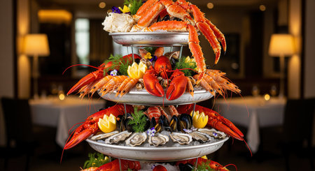 Elegant seafood tower featuring king crab, whole lobsters, shrimp, mussels, and fresh oysters on ice, garnished with lemon and dill in a fine dining restaurant setting.の素材
