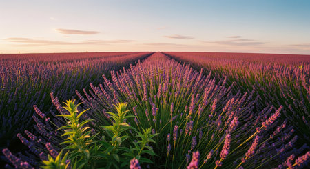 Expansive lavender field at sunset with rows of vibrant purple flowers stretching to the horizon. golden hour light illuminates the fragrant plants under a clear sky.の素材