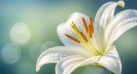 White lily flower covered in fresh dew drops, showcasing delicate petals and vibrant golden stamen. close up view with soft bokeh background, highlighting natural beauty.の素材