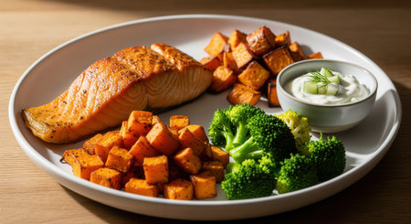 Grilled salmon fillet served with roasted sweet potatoes, steamed broccoli florets, and a side of creamy cucumber dill sauce on a white plate. a balanced and nutritious meal.の素材