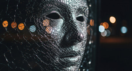 Abstract portrait of a human face composed of shattered glass, featuring intricate cracks and reflections, against a dark, softly blurred background.の素材