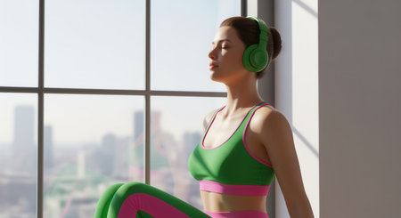 Young woman in green sports bra and pink leggings wearing headphones, meditating by a large window overlooking a city skyline. focus, relaxation, and mindfulness.の素材