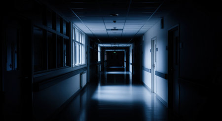 Long, dark, and empty hospital corridor at night, illuminated by dim light from windows and the distant end. creates a sense of mystery, suspense, and isolation.の素材
