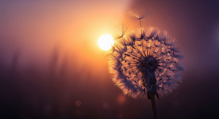 A perfectly formed dandelion seed head in a misty meadow, dramatically backlit by a vibrant sunrise. delicate seeds are seen drifting away, symbolizing hope, freedom, and new beginnings.の素材