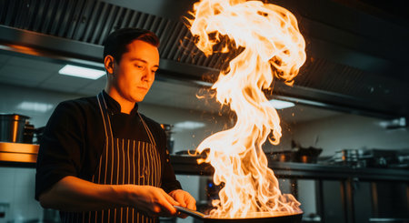Young male chef in a professional kitchen performing flambÃ©, with intense orange flames rising from a pan during food preparation and culinary art.の素材