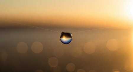 Pristine water drop suspended on a spider silk strand, reflecting the golden light of a sunrise or sunset. macro view with warm bokeh background, symbolizing purity and new beginnings.の素材