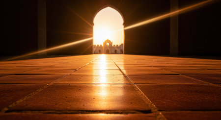 Golden sunlight streams through an ornate arched doorway, casting a warm glow and lens flare onto a polished terracotta tiled floor, leading to a distant building.の素材