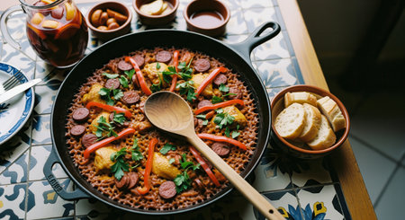 Hearty spanish paella with chicken, chorizo, and red peppers in a cast iron skillet, served with sangria and fresh baguette on a vibrant tiled table. a traditional, flavorful meal.の素材