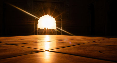 Golden sunlight illuminates a polished terracotta tiled floor, casting long shadows from an ornate arched doorway. the sun sets directly behind the arch, creating a dramatic glow and lens flare.の素材