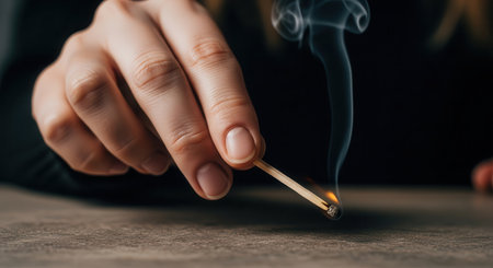 Woman hand holding a burning wooden matchstick, emitting smoke against a dark background. focus on the delicate flame and rising smoke, symbolizing light, heat, and potential danger.の素材