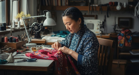 East asian woman meticulously hand sewing intricate embroidery on red fabric in a traditional workshop, surrounded by sewing tools and threads, showcasing craftsmanship and dedication.の素材