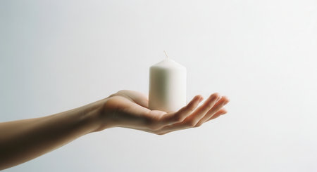 A hand gently holds a simple unlit white candle, symbolizing hope, peace, and a quiet moment of anticipation. clean, minimalist composition.の素材