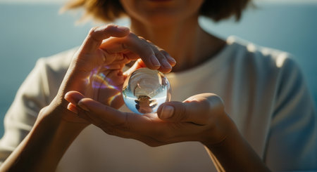 Woman hands delicately support a small, transparent glass orb, light refracting through it, revealing an inverted reflection of the environment.の素材