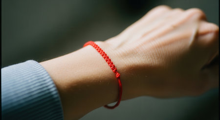 Woman wrist adorned with a simple red string bracelet, often associated with protection, good luck, and spiritual beliefs. a symbol of connection and tradition.の素材