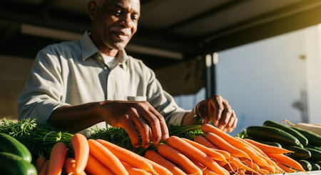 Senior black man carefully arranging fresh carrots and cucumbers at an outdoor farmer market stand. emphasizes healthy, organic produce, local farming, and sustainable food practices.の素材