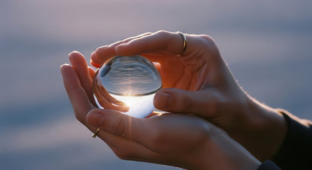 Female hands gently holding a clear glass orb, reflecting an inverted image of a bright sun over calm water. symbolizes vision, future, and environmental care.の素材