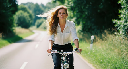 Young woman with long, wavy hair riding a bicycle on a winding country road. wind blowing through her hair, enjoying freedom and nature on a sunny day.の素材