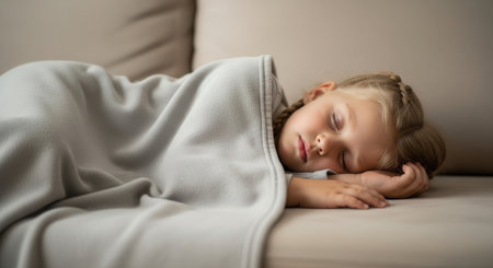 Little girl sleeping soundly on a beige couch, covered by a light gray blanket. depicts rest, comfort, and peaceful childhood moments at home.の素材