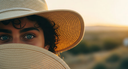 Woman blue eyes peeking from behind a wide brim straw hat, illuminated by warm golden hour sunlight. curly hair visible, with a blurred outdoor landscape at sunset.の素材