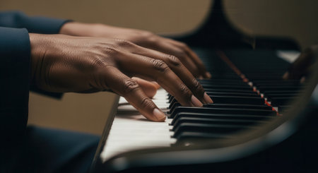 Dark skinned hands of a woman delicately pressing the black and white keys of a grand piano. focus on musical expression, skill, and performance.の素材