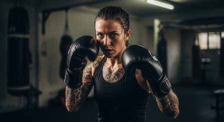 Determined tattooed woman boxer in a fighting stance, wearing black gloves and tank top, sweating in a gritty gym with cinematic lighting. focus, strength, and training.の素材