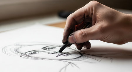 Artist hand actively drawing a human face portrait using charcoal on a white sheet of paper. highlights creativity, skill, and the artistic process.の素材