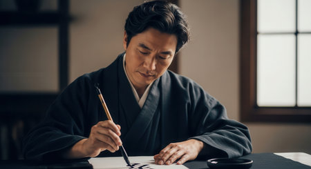 East asian man in traditional clothing meticulously practices calligraphy, holding a brush over paper with ink. his expression shows deep concentration and dedication to the ancient art form.の素材
