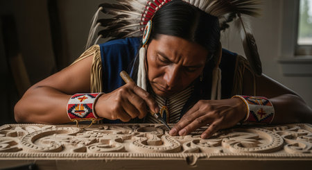 Native american man in traditional attire meticulously carving intricate patterns into wood, showcasing cultural heritage, skill, and craftsmanship.の素材