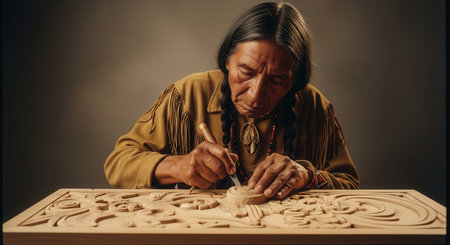 Elderly native american man with braided hair intently carves intricate traditional designs into a wooden panel using a hand tool, showcasing craftsmanship and cultural heritage.の素材