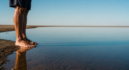 Man bare feet standing on the sandy shore at the edge of a calm, still water body, perfectly reflecting the clear blue sky. represents peace, freedom, and connection to nature.の素材