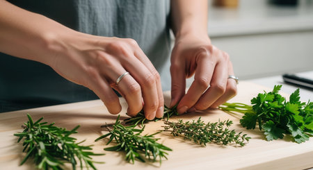 Woman hands carefully arranging fresh rosemary, thyme, and parsley on a light wooden cutting board, preparing ingredients for cooking.の素材