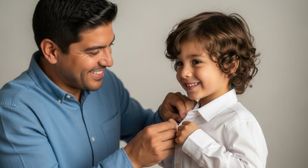 Smiling father assisting his little boy in buttoning a white shirt. depicts a loving family bond, care, and preparation for an event.の素材