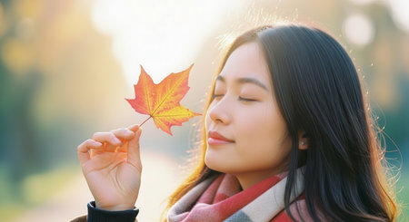 Young asian woman with closed eyes holding a vibrant red and orange maple leaf, bathed in warm golden sunlight. represents autumn beauty, tranquility, and appreciation for nature.の素材