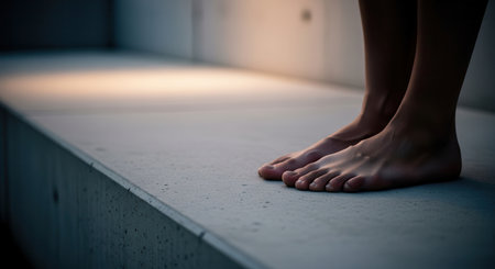 Bare human feet on a cold, damp concrete surface, illuminated by a soft, blurred light. minimalist and stark, reflecting simplicity and a connection to the ground.の素材