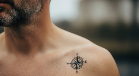 Man bare shoulder featuring a small, detailed compass rose tattoo. represents guidance, exploration, and individual path.の素材