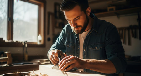 Skilled bearded man meticulously planing a wooden plank with a hand tool in a sunlit workshop. focus on craftsmanship, precision, and traditional woodworking techniques. wood shavings visible on the workbench.の素材