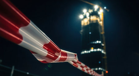 Red and white striped barrier tape creating a leading line towards a blurred, illuminated skyscraper construction site at night. symbolizes urban development, safety, and progress.の素材