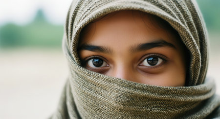 Young woman face partially covered by a textured headscarf, revealing only her dark, expressive eyes. focus on modesty, identity, and cultural representation.の素材