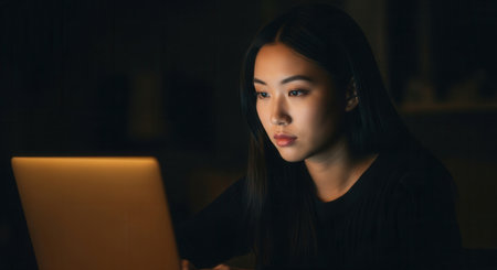 Young asian woman intently focused on a laptop screen in a dark room, her face illuminated by the soft digital glow. represents concentration, late night work, study, or online activity.の素材
