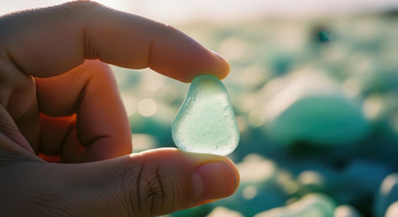 Hand holding a smooth, translucent green sea glass pebble. sunlight illuminates the glass, with a blurred beach and more sea glass in the background, representing natural beauty and discovery.の素材