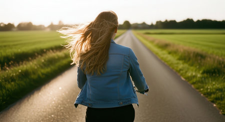 Blonde woman cycling on a rural road, her long hair flowing in the wind during golden hour. green fields line the scenic path, evoking freedom and journey.の素材