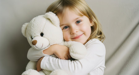 Blonde little girl with blue eyes gently hugs a soft white teddy bear, showing comfort and affection. childhood innocence and joy.の素材