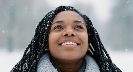 Young black woman with braided hair, smiling serenely while looking up at gentle snowflakes falling. peaceful winter moment, conveying tranquility and natural beauty.の素材
