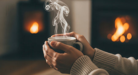 Hands gently holding a steaming mug of hot coffee, with a warm, blurred fireplace glowing in the background. evokes comfort, relaxation, and a cozy winter atmosphere at home.の素材