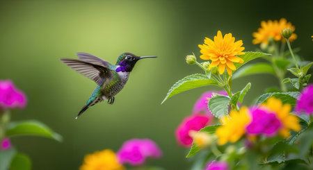 A vibrant hummingbird with iridescent purple and green plumage hovers gracefully near bright yellow and magenta flowers, showcasing a beautiful moment in nature.の素材