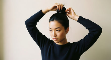 Young asian woman with dark hair styling a neat bun, hands raised, focused on her daily beauty and hair care routine.の素材