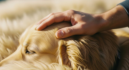 Human hand gently strokes the soft fur of a golden retriever dog resting peacefully. shows bond, care, and comfort between pet and owner.の素材