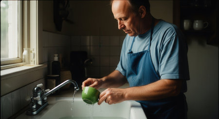 Man in an apron washing a green cup under running water in a plain kitchen sink. domestic chore with natural ambient light, showcasing daily routine.の素材