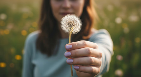 Woman holds a delicate dandelion seed head, symbolizing wishes, hope, and new beginnings in a natural outdoor setting. fragile plant ready to disperse seeds.の素材